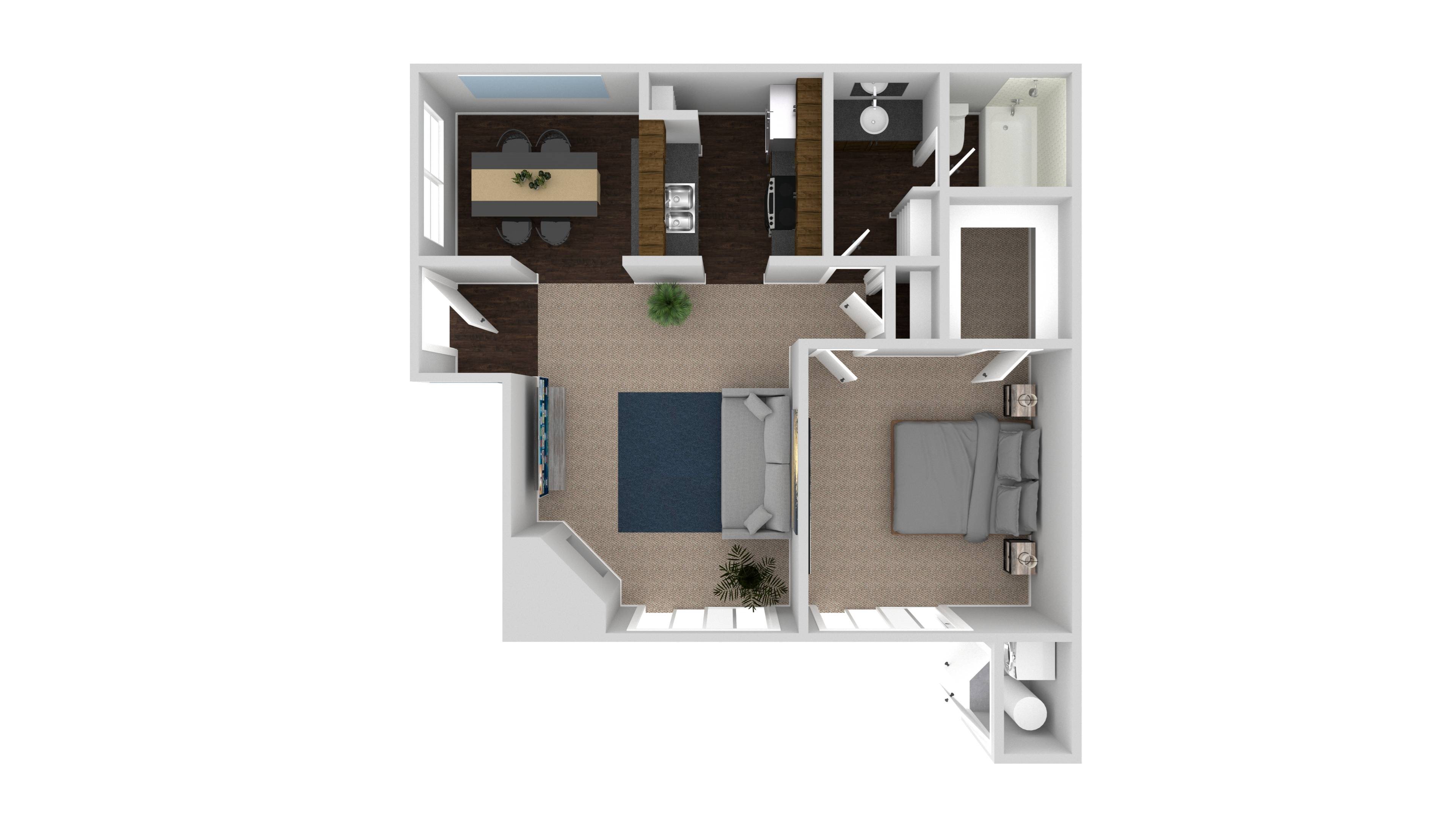 A top down view of a house with a kitchen, living room, and bathroom.